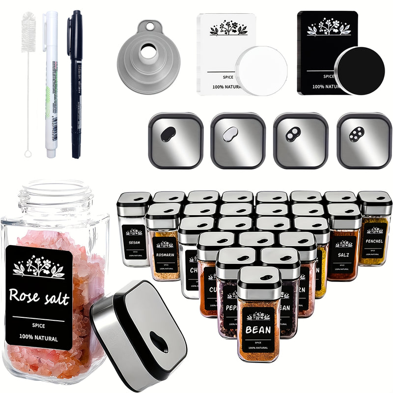 Juego de 24/12/6 frascos de especias cuadrados con soporte para taza de sacudir, frascos de especias de vidrio engrosado de 120 ml, cerrojo de acero inoxidable, silvery spice storage box