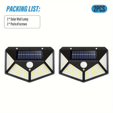2 piezas de luz solar para pared con sensor de movimiento, 100 LED, portátil para camping, control táctil, iluminación exterior, fácil instalación, sin cables, recargable solar de alta calidad, luces solares para exteriores