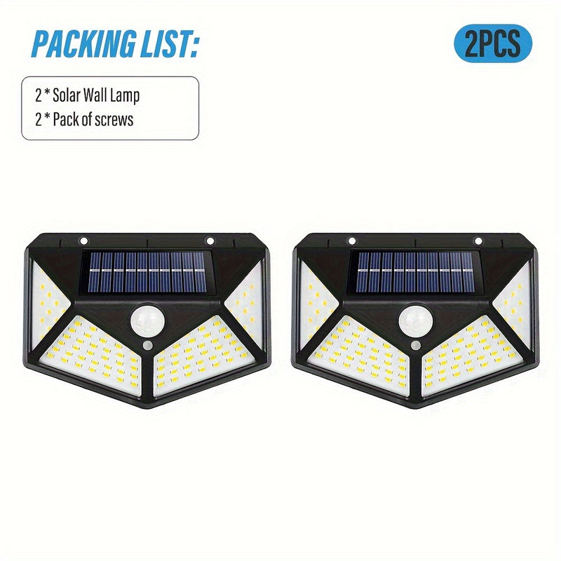 2 piezas de luz solar para pared con sensor de movimiento, 100 LED, portátil para camping, control táctil, iluminación exterior, fácil instalación, sin cables, recargable solar de alta calidad, luces solares para exteriores