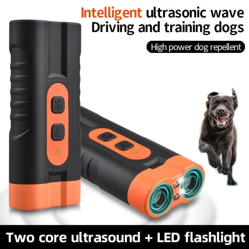1 unidad de repelente ultrasónico para perros PetSafePro recargable por USB, inhibidor de ladridos de doble núcleo de alta potencia con linterna LED, dispositivo portátil anti-mordeduras para uso exterior