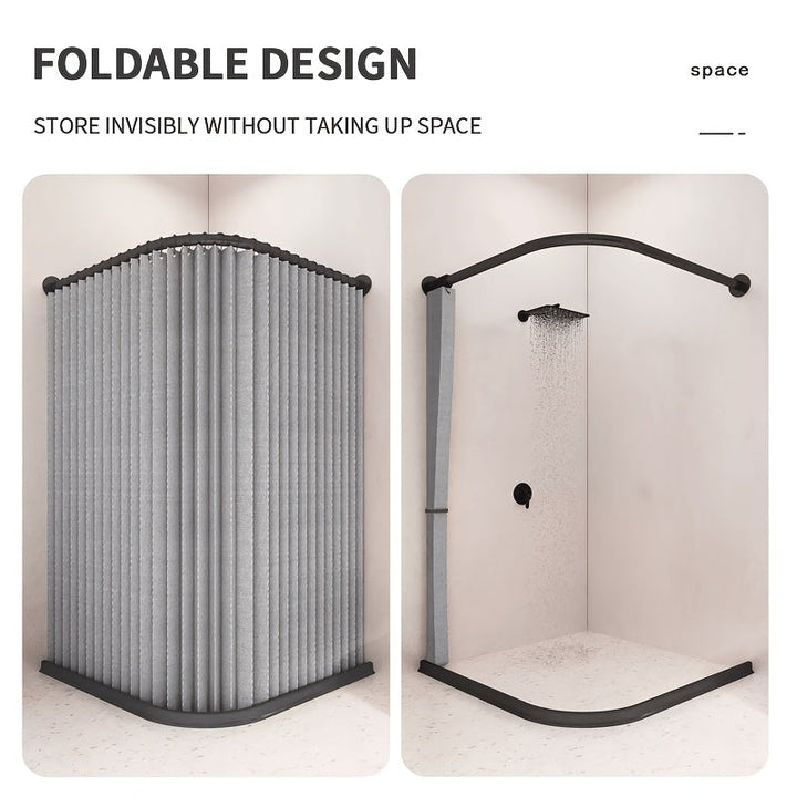 Cortina de baño plegable para esquinas curvas, separación de zona seca y húmeda, con ganchos enrollables negros, doble imán para fijación y material de lino imitación en los bordes. Ideal para baños en casa o vestidores. Cortinas para baños