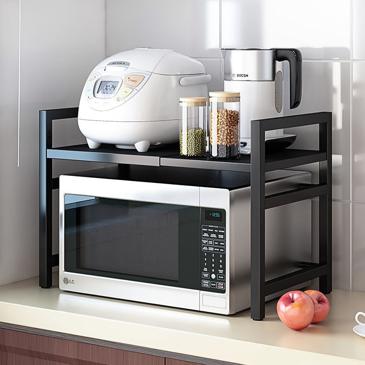 Estante de cocina metálico ajustable LDQ, soporte de microondas telescópico de 32-64cm con 6 ganchos, ajustable en altura, capacidad de 30kg, acabado pintado, doble propósito para cocinas comerciales y domésticas, estante de especias, comercial