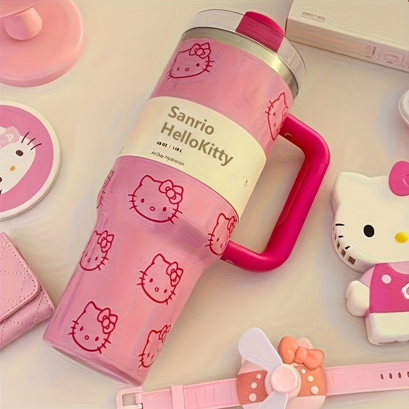 Sanrio 1pc, Térmico de Acero Inoxidable KT Cat Gran Capacidad - 40oz con Tapa y Pajita, Ideal para Bebidas de Verano e Invierno, Regalo Perfecto o Accesorio de Viaje