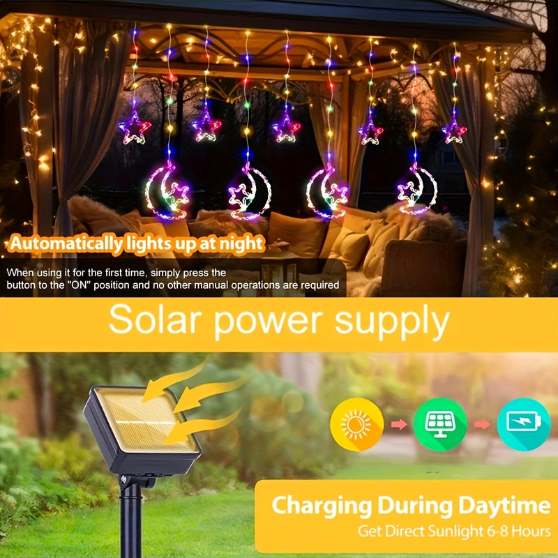 Luzes de cordão de estrelas e lua solares LED 120, com 8 modos de iluminação, adequadas para pátio, jardim, quarto, janelas, tenda, villa, decorações de férias, celebrações de aniversário de casamento, Natal, Dia dos Namorados, alta qualidade, luzes inte