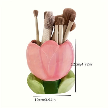 Soporte de cepillo de maquillaje floral, taza de lápiz de escritorio, accesorio de almacenamiento decorativo para oficina y dormitorio, no necesita electricidad, regalo único para Halloween y Navidad (1 pieza)