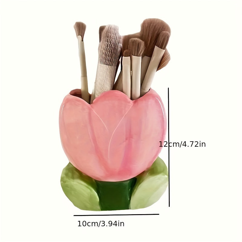 Soporte de cepillo de maquillaje floral, taza de lápiz de escritorio, accesorio de almacenamiento decorativo para oficina y dormitorio, no necesita electricidad, regalo único para Halloween y Navidad (1 pieza)
