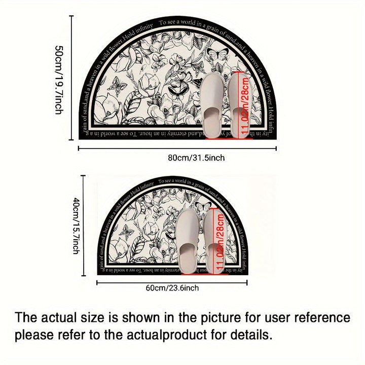 Elegante Alfombra de Baño Floral Semi-Circular - Secado Rápido, Antideslizante, Alfombra de Barro de Diatomeas con Frase Inspiradora, Suave y Duradera, Diseño en Blanco y Negro para Decoración Moderna del Hogar, Decoración de Baño
