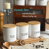 Juego de recipientes de cerámica con tapas de madera herméticas - 3 piezas de almacenamiento de cocina para harina, azúcar, café, té y especias - Decoración moderna de encimera (16,9 oz)