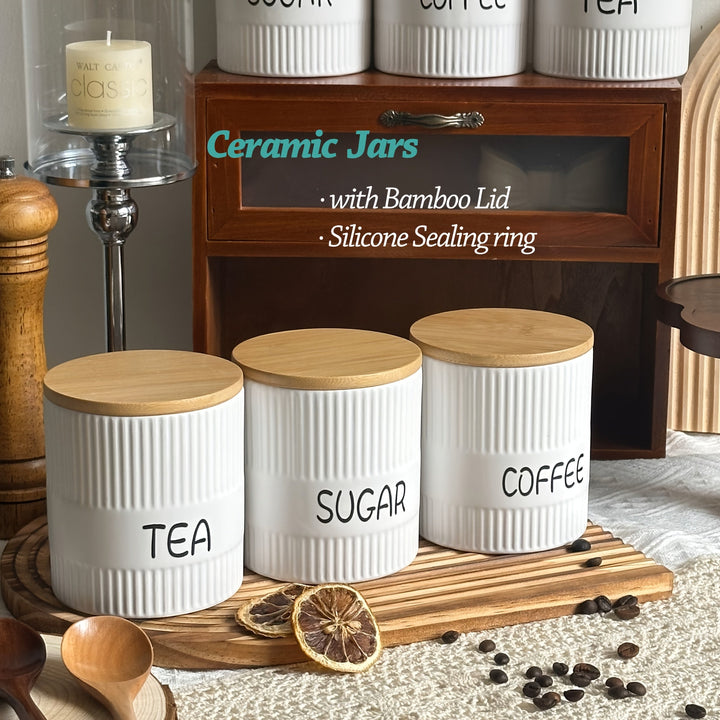 Juego de recipientes de cerámica con tapas de madera herméticas - 3 piezas de almacenamiento de cocina para harina, azúcar, café, té y especias - Decoración moderna de encimera (16,9 oz)