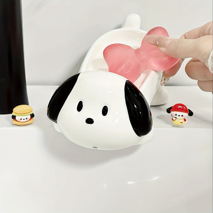 Plato de Jabón Cerámico para Perro y Blanco Lindo - Diseño Ovalado con Drenaje Rápido y Recorte en Forma de Corazón, Accesorio Decorativo Duradero para Baño y Encimera de Cocina, Portajabones Resistente, Soporte para Barra de Jabón