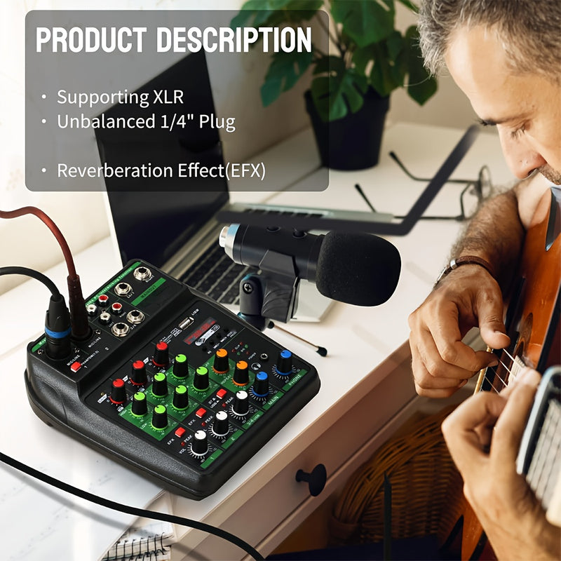 TAVOSOP Profesional 4 canales, mezclador de audio portátil, mezclador estéreo mini DJ con USB, verde, material ABS, compatible con interfaz de audio y tarjeta de sonido para producción musical en casa, DJ Karaok