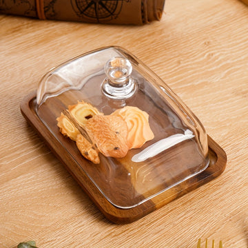 1 pieza, Caja de Queso de Madera con Tapa de Vidrio, Contenedor de Almacenamiento para Mantequilla y Queso, Plato de Postre, Soporte para Exhibición de Pasteles, Suministros de Cocina