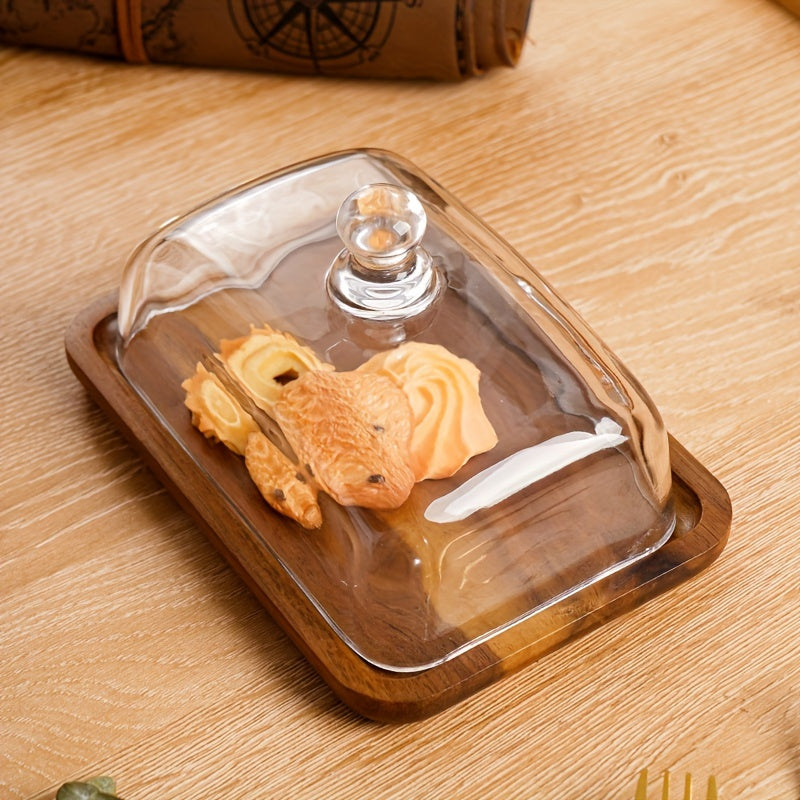1 pieza, Caja de Queso de Madera con Tapa de Vidrio, Contenedor de Almacenamiento para Mantequilla y Queso, Plato de Postre, Soporte para Exhibición de Pasteles, Suministros de Cocina