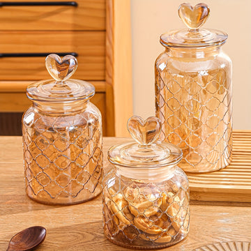 Encantador Tarro de Galletas de Vidrio Ámbar con Tapa de Corazón - Contenedor de Almacenamiento Reutilizable y Sellable para Galletas y Dulces, Perfecto para la Organización de la Cocina