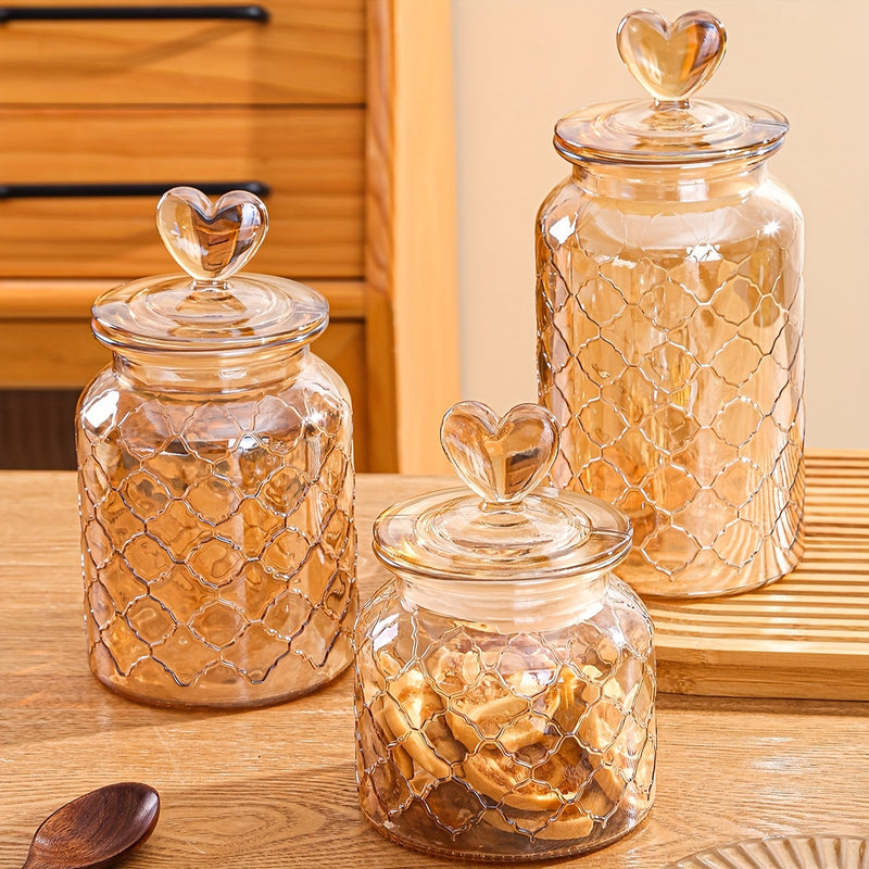Encantador Tarro de Galletas de Vidrio Ámbar con Tapa de Corazón - Contenedor de Almacenamiento Reutilizable y Sellable para Galletas y Dulces, Perfecto para la Organización de la Cocina