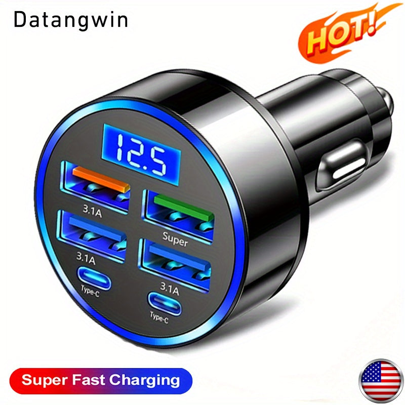 Cargador rápido para auto Datangwin, 6 en 1 con USB-C, doble PD y QC3.0, 4 puertos USB, pantalla de voltaje - Compatible con iPhone, Samsung, Huawei, Xiaomi - Acabado mate, cargador portátil, sin batería