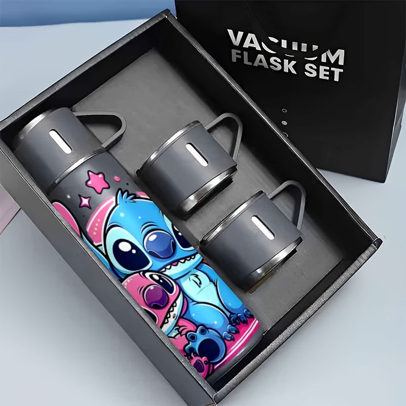 Juego de 1 Set 17Oz Disney Stitch Acero Inoxidable Termo a Prueba de Fugas con 3 Tazas para Bebidas Calientes y Frías, Adecuado para Viajes de Negocios y Útiles Escolares LHB03211