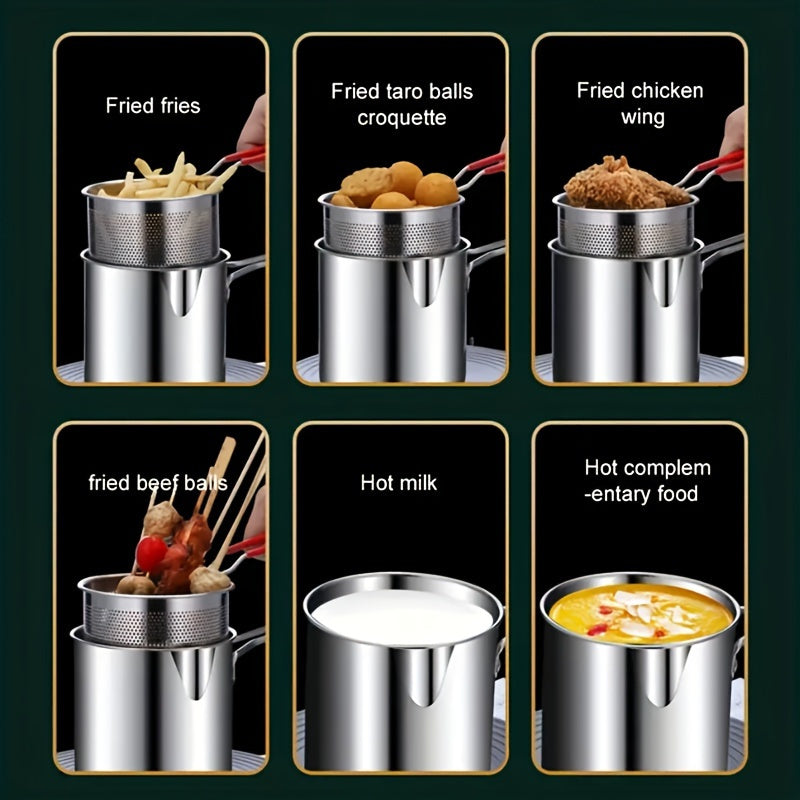 Fritadora profunda de acero inoxidable con soporte de colador integrado - Compacta y duradera, fácil de limpiar, perfecta para papas fritas, pescado y pollo - Esencial para la cocina del hogar, cocina sin aceite, moderna vajilla, material fácil de limpia
