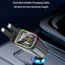 Cargador de auto retráctil SAN.COMO, cargador de auto 4 en 1 con diseño estelar, carga rápida dual USB-C, cable retráctil extensible de 80 cm (doble puerto y doble cable) y 2 puertos USB, adaptador de cargador de auto de 66W, ajuste libre de 180°, diseño
