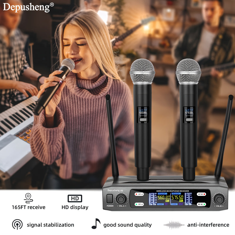 DEPUSHENG Sistema de Micrófono sin varillas Profesional 2/4 Canales con Sonido HD, Anti-Interferencias, Receptor Portátil y Pantalla LCD - Microfónos Mano/Cuello/Cabeza para KTV, Escenarios, Reuniones (Alimentado por Batería, Enchufe US), Micrófono Portá