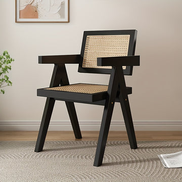 Silla de ratán de madera maciza resistente con brazos - Sillón estilo japonés para balcón, diseño tejido en negro y natural, cómoda para uso en casa o restaurante
