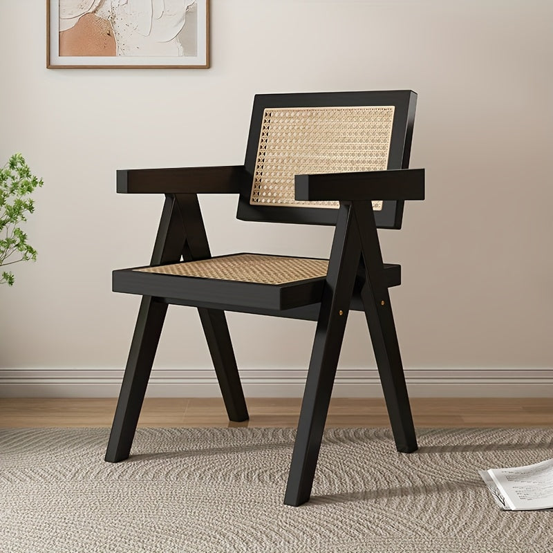 Silla de ratán de madera maciza resistente con brazos - Sillón estilo japonés para balcón, diseño tejido en negro y natural, cómoda para uso en casa o restaurante