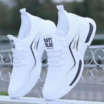 Zapatillas de Malla Transpirables para Hombres y Mujeres con Suela Antideslizante, Confort Acolchado & Cobertura Completa del Pie (39-44) - Zapatillas Bajas Ligeras para Senderismo, Gimnasio, Correr, Uso Casual - Diseño de Letras en Blanco/ y Bloques de