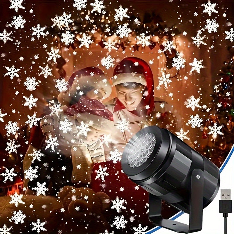Proyector de copos de nieve con USB, perfecto para decoración navideña en interiores, fiestas de Navidad, luz escénica con patrón giratorio de copos de nieve