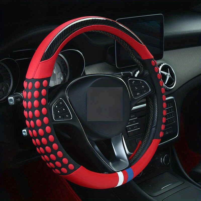 Funda de Volante de Cuero PU con Anillo Interior - Diseño de Agarre con Puntos Rojos y Negros, Protección Cómoda y Elegante para Todas las Estaciones, Compatible con la Mayoría de los Coches (161-252mm)
