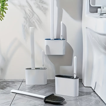 Cepillo de baño de silicona montado en la pared y juego de cepillo de mango largo ergonómico - Diseño antiadherente, fácil de limpiar para un baño higiénico, Kit de limpieza de baño | Decoración de baño elegante | Diseño ergonómico