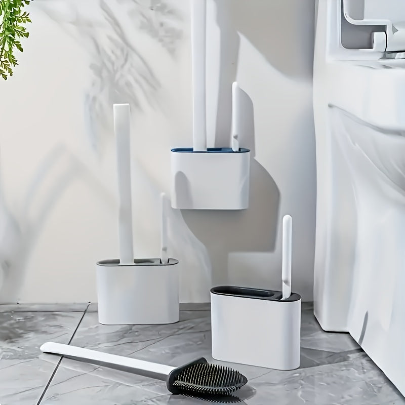 Cepillo de baño de silicona montado en la pared y juego de cepillo de mango largo ergonómico - Diseño antiadherente, fácil de limpiar para un baño higiénico, Kit de limpieza de baño | Decoración de baño elegante | Diseño ergonómico