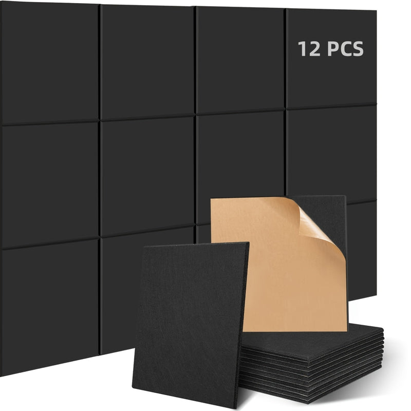 Paneles de espuma de sonido autoadhesivos HERTBER, paquete de 12, negro, baldosas acústicas de alta densidad para oficina, sala de reuniones, sala de estar, estudio, sala de música, sala de juegos, cine - Material de absorción de sonido