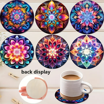 Juego de 6 Posavasos de Madera Mandala Coloridos - Perfecto para Café, Té y Bebidas - Protección Ideal para Mesas en Navidad, Halloween y San Valentín