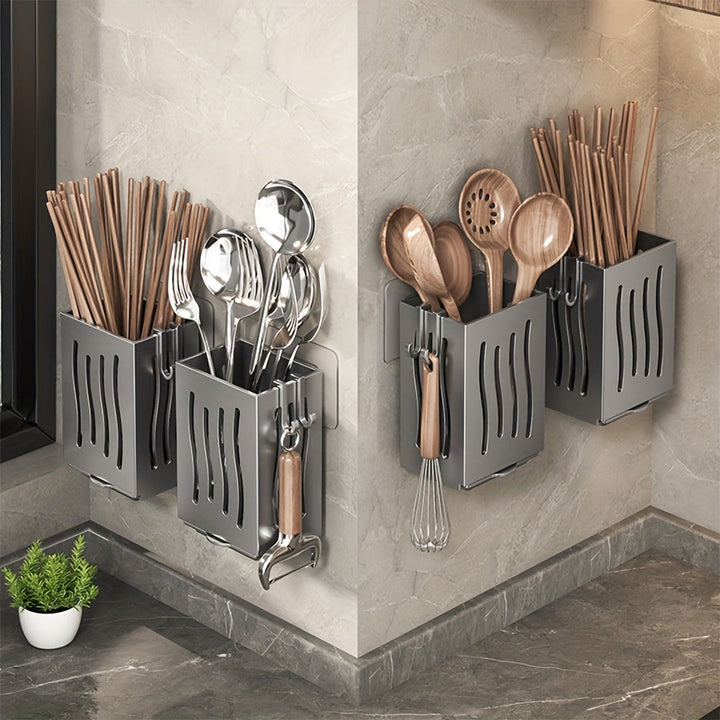 Soporte para utensilios de cocina, organizador de utensilios de cocina montado en la pared, bandeja de drenaje y gancho, tenedor, cuchara, cuchillo, palillos para palillos