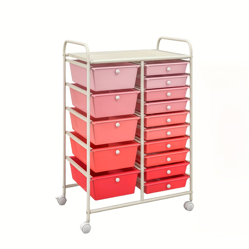 Carrito de almacenamiento con ruedas, 10 cajones en fila simple/10 cajones en doble fila/15 cajones en doble fila, carrito con cajones de plástico y estructura metálica, multifuncional, ideal para hogar y oficina (combinación de colores rosa degradado/to