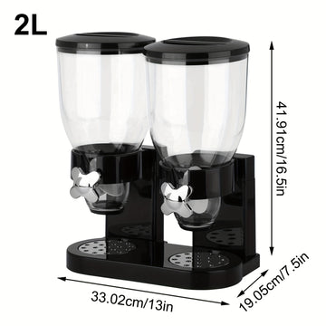 Dispensador de granos de 2 litros con dos tazas, contenedor de almacenamiento de alimentos secos con soporte de dos cabezas para caramelos, nueces, arroz, avena, granos, etc., material PET, forma redonda, tapa giratoria, solo lavado a mano, uso múltiple