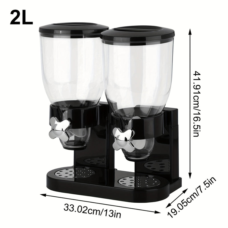 Dispensador de granos de 2 litros con dos tazas, contenedor de almacenamiento de alimentos secos con soporte de dos cabezas para caramelos, nueces, arroz, avena, granos, etc., material PET, forma redonda, tapa giratoria, solo lavado a mano, uso múltiple