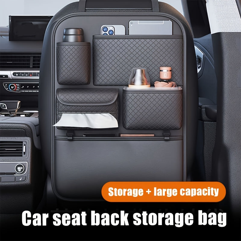 Organizador de Asiento Trasero para Coche con Patrón de Diamante en Cuero PU - 1pc, Almacenamiento Multicompartimento para Botellas de Agua, Tabletas y Accesorios, Ahorra Espacio para Autos, Camionetas y SUVs ()