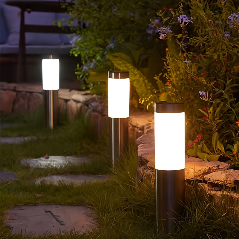 2 Luces Solares LED Modernas de Acero Inoxidable para Exteriores - Para Jardín, Camino, Césped, Patio, Iluminación de Bolardo