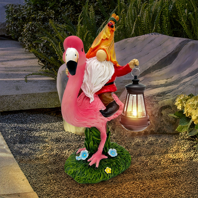 1pc Estatua de jardín de resina de flamenco con energía solar para Navidad con farol, decoración exterior de bajo consumo, control de conmutador, con batería de níquel de 80mAh, para exhibición festiva en interiores