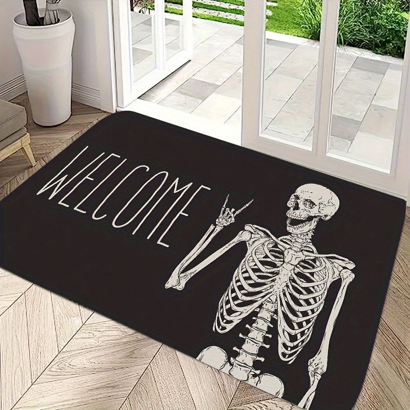 1 alfombrilla de entrada con diseño de calavera juguetón, ideal para fiestas de Halloween y decoración, hecha de poliéster negro, lavable en máquina, de 1 cm de grosor, 700 g/m². Perfecta para decorar tu hogar o negocio.