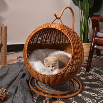 Cesto de hamaca para gatos tejido de rattan moderno - Hamaca redonda cómoda para gatitos, uso interior/exterior, ligero y decorativo con ganchos de metal, cesto de ropa, se adapta a gatos de hasta 2,72 kg.