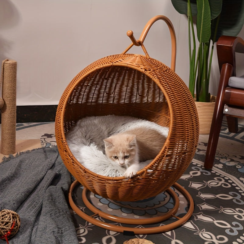 Cesto de hamaca para gatos tejido de rattan moderno - Hamaca redonda cómoda para gatitos, uso interior/exterior, ligero y decorativo con ganchos de metal, cesto de ropa, se adapta a gatos de hasta 2,72 kg.