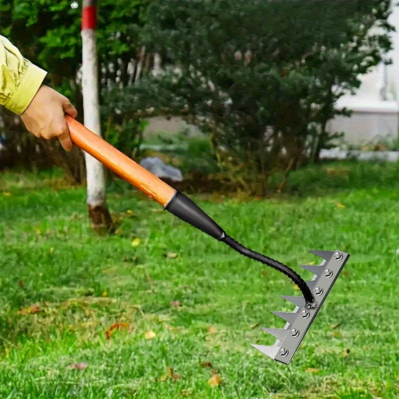 1 Rastrillo de Jardín de Acero Inoxidable | Herramienta Profesional 3 en 1 para Deshierbar, Aflojar y Arar | Esencial para Huertos Caseros, Patios y Plantaciones en Balcóns | Dientes Gruesos de Acero al Manganeso Duradero | Fácil Mantenimiento para Céspe