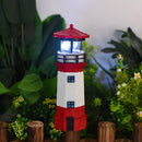 Estatua de faro LED con luz rotativa alimentada por energía solar - Diseño de rayas rojas y blancas resistente al tiempo para jardín, patio, patio y decoración de césped, adorno de césped | Característica de luz rotativa | Construcción duradera de resina