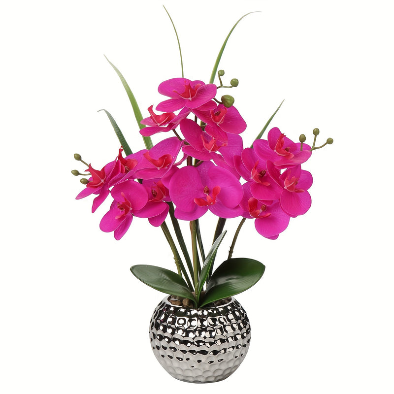 1pc Planta De Flor Artificial Orquídea, Falsa Orquídea Con Maceta Plateada En Forma De Bola Redonda, Planta Falsa Para Decoración De Mesa De Baño, Sala De Estar, Oficina, Cocina, Decoración De Mesa De Hogar De Primavera Y Año Nuevo