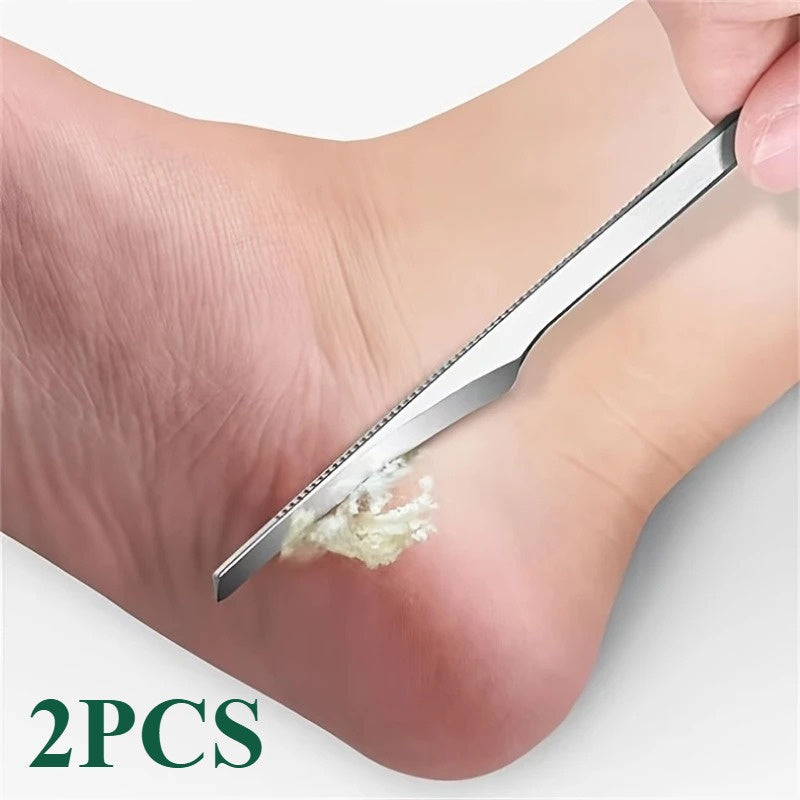 2 Piezas de Herramientas Exfoliantes para Pies de Acero Inoxidable Hipoalergénicas - Eliminador de Piel Muerta Beige con Mangos Ergonómicos para Pies Suaves, Cuidado de Pedicura en Casa