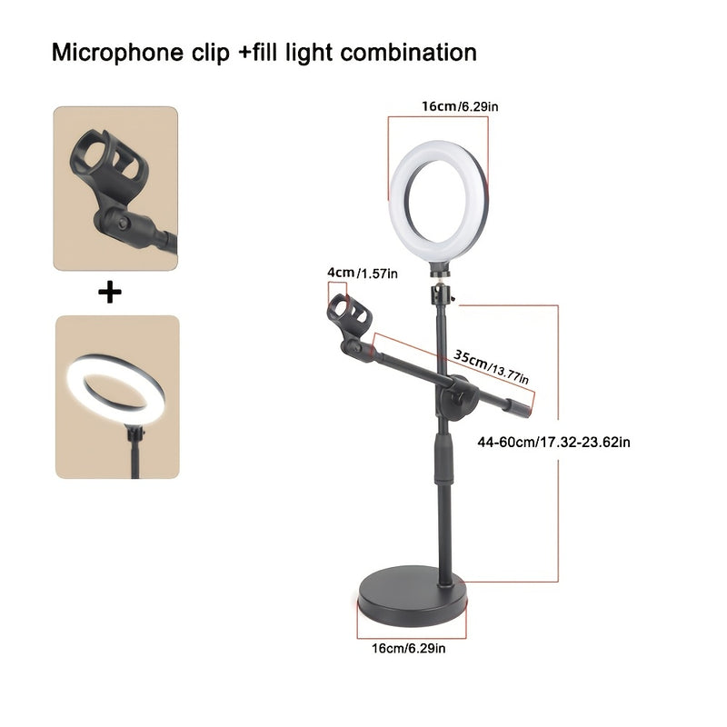 Barra de Iluminación Superior Versátil con Soporte para Teléfono y Soporte para Micrófono de Escritorio - Hierro Negro, Ideal para Transmisiones en Vivo y Fotografía de Comida