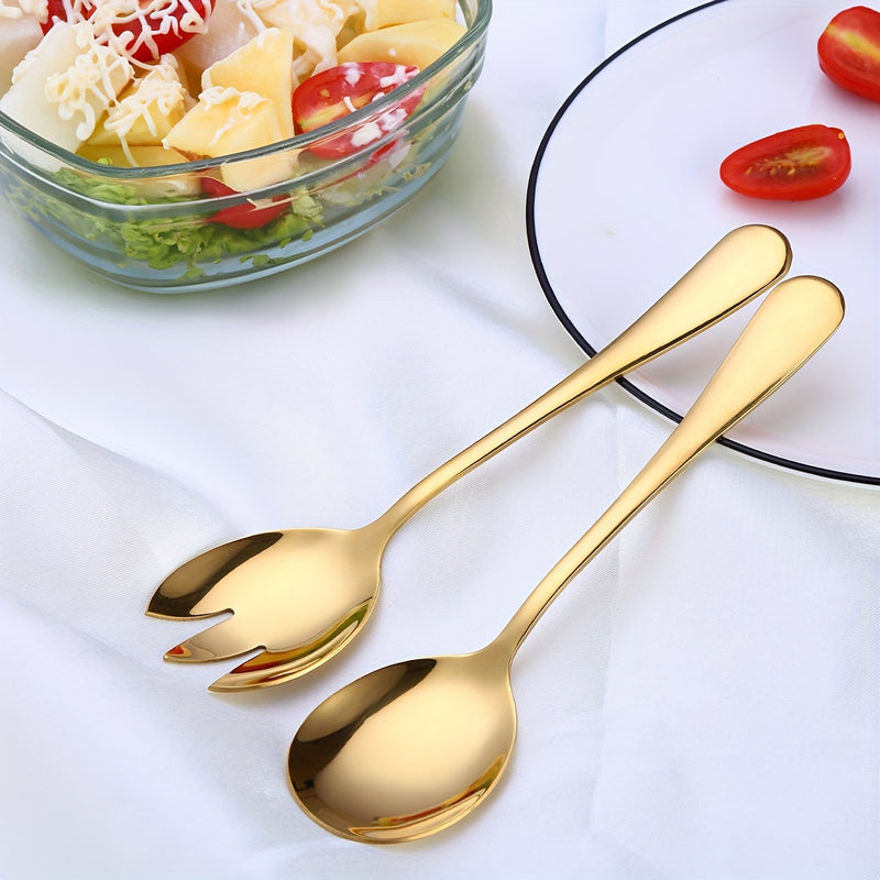 Juego de 2 piezas de Cuchara y Tenedor Integrados de Acero Inoxidable, Cuchara y Tenedor para Ensalada Chapados en Oro, Tenedor para Pasta
