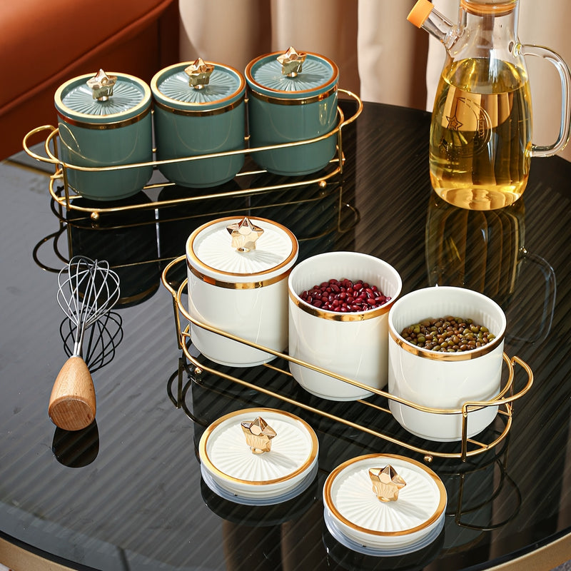 Juego de 4 tarros de almacenamiento herméticos de poliestireno con acentos dorados, contenedores sellados multipropósito para cocina, comedor, sala de estar - Ideal para granos, dulces, galletas, pan, regalos de bodas, regalos de cumpleaños